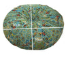 A round, teal and gold bohemian cotton linen floor cushion with a white cross marking its dimensions.