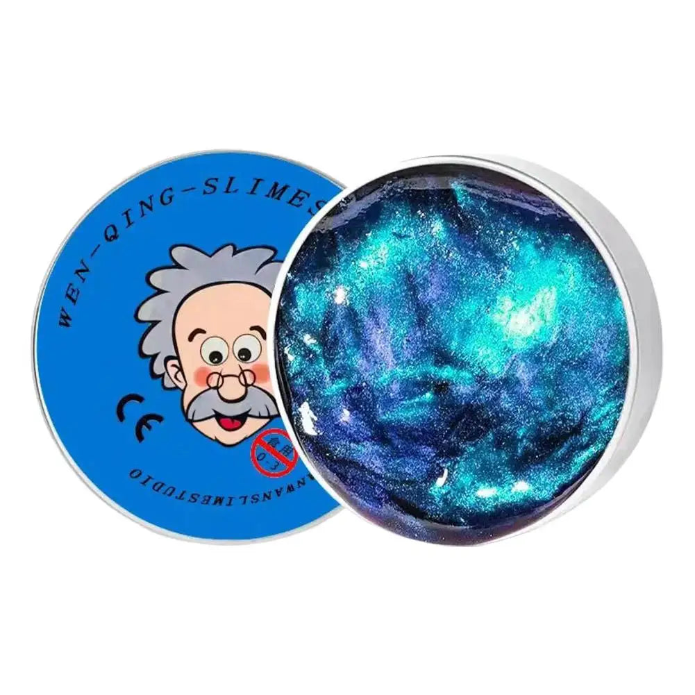 A round tin of blue and purple slime or putty with a label reading WEN-QING-SLIMES