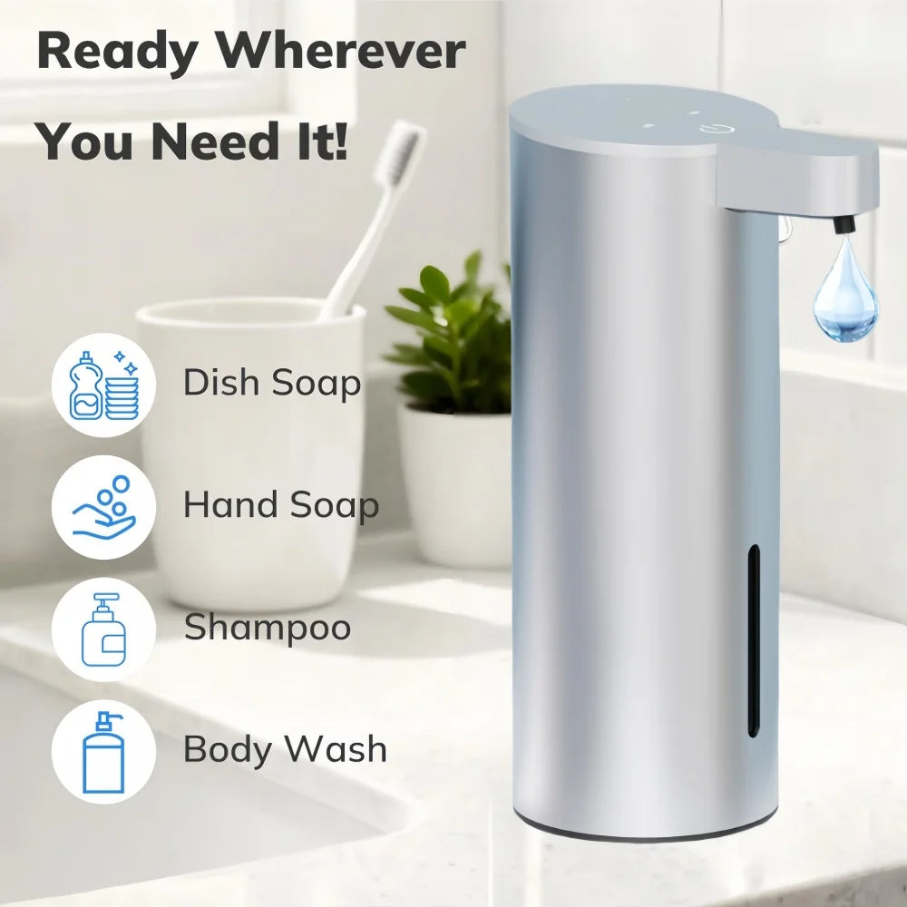 A stainless steel touchless automatic foam soap dispenser next to various liquid soaps and shampoo bottles.