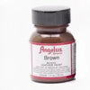A small glass jar of brown acrylic leather paint labeled Angelus Brand
