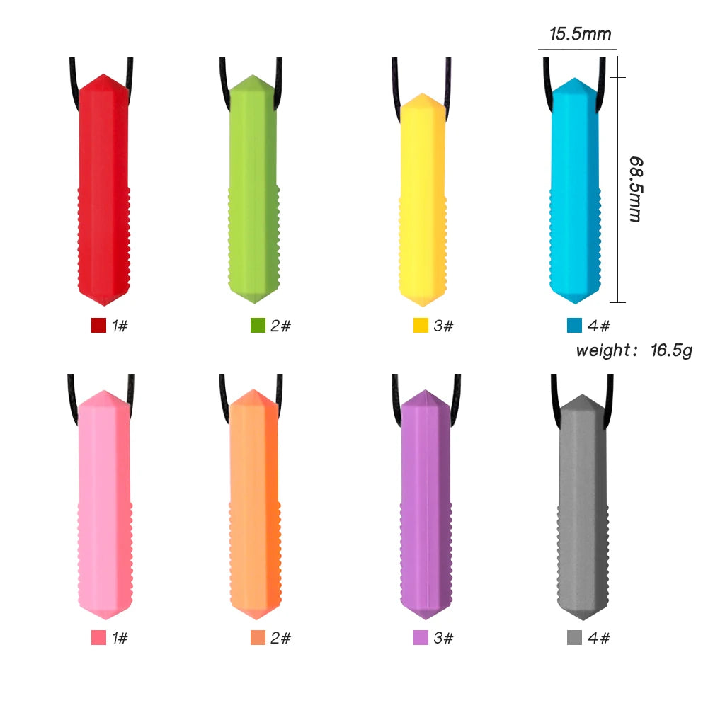 A set of four silicone sensory chew necklaces for kids in various colors and sizes, shown vertically.