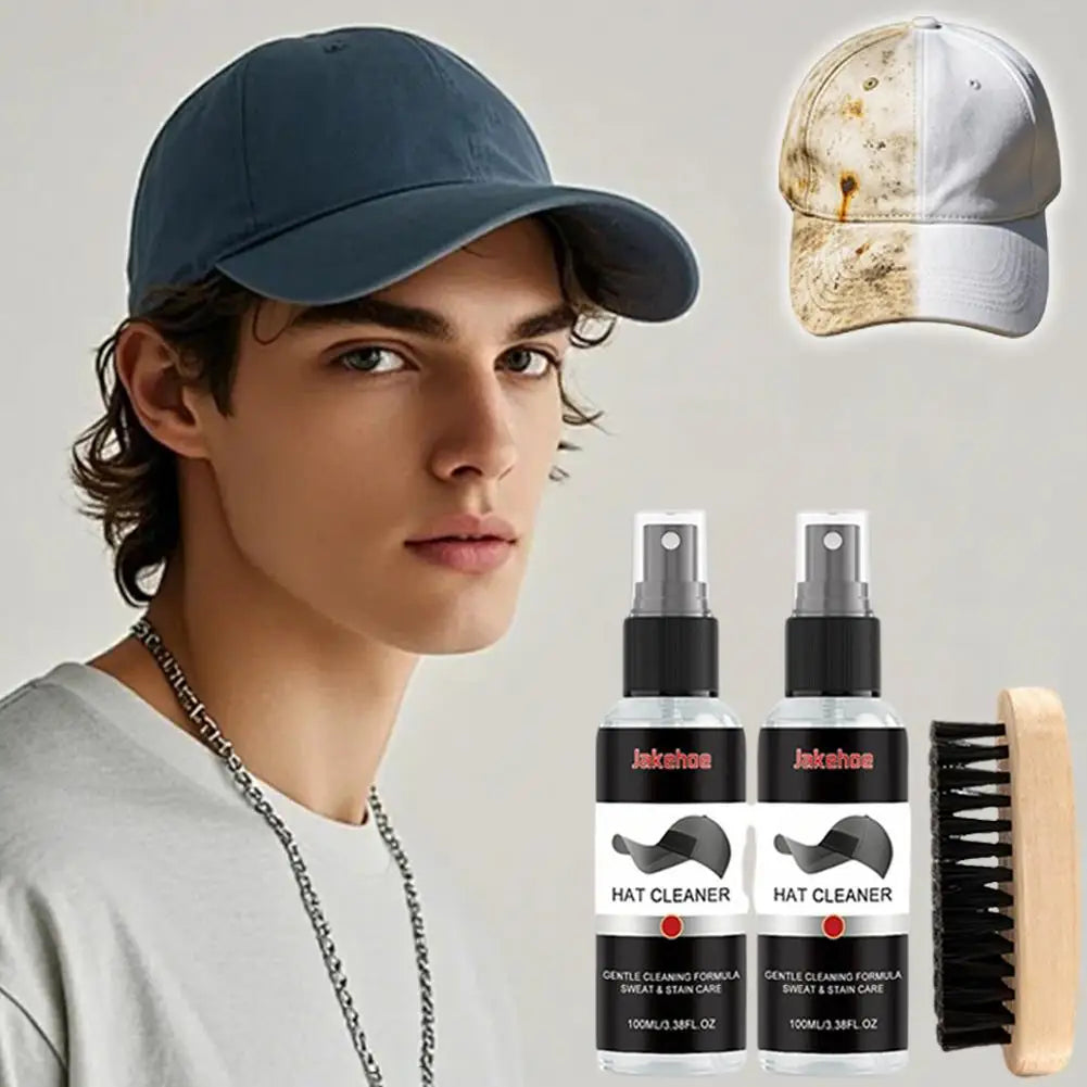 A man models a hat cleaning kit with two spray bottles and a brush against a light background.