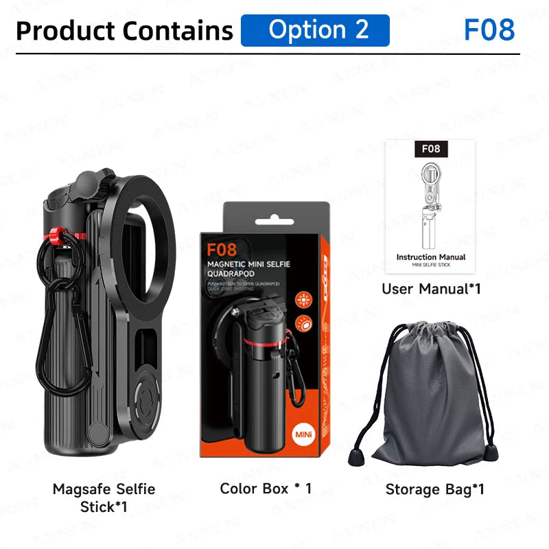 Magnetic Mini Selfie Quadrapod with Fill Light for smartphone vlogging, shown with its box and storage bag.