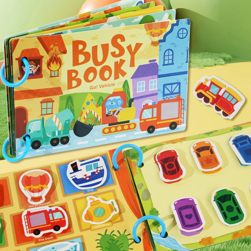 A colorful set of Montessori quiet book cards featuring vehicles and related objects for interactive word recognition.