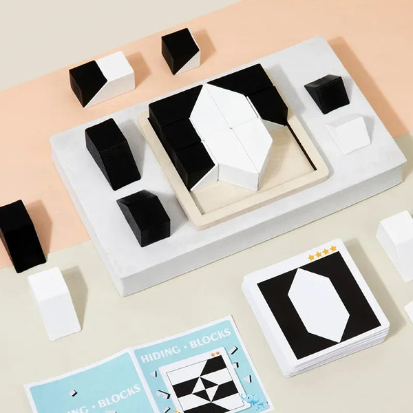 Wooden Geometric Shape Puzzle Blocks with Pattern Cards - Educational Logic Game for Kids