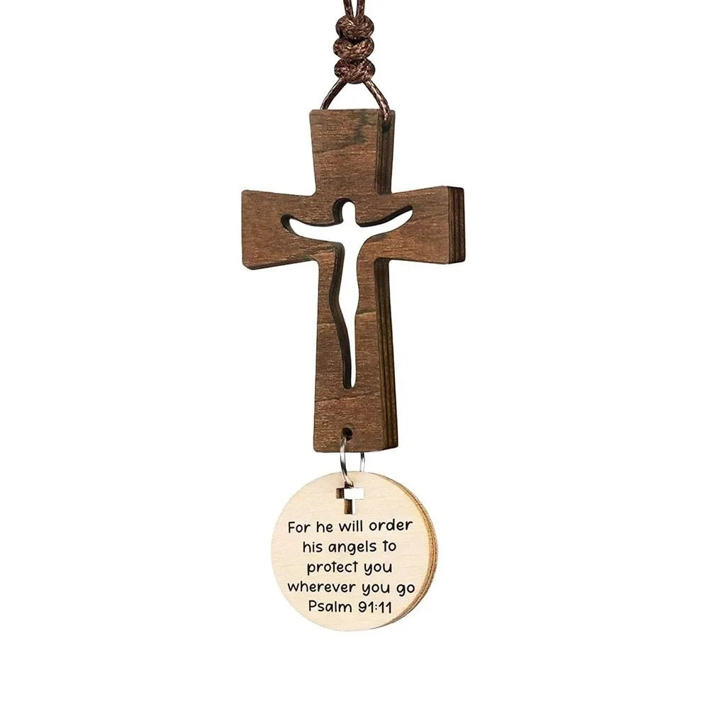 Wood Cross Car Rearview Mirror Pendant with Bible Verse