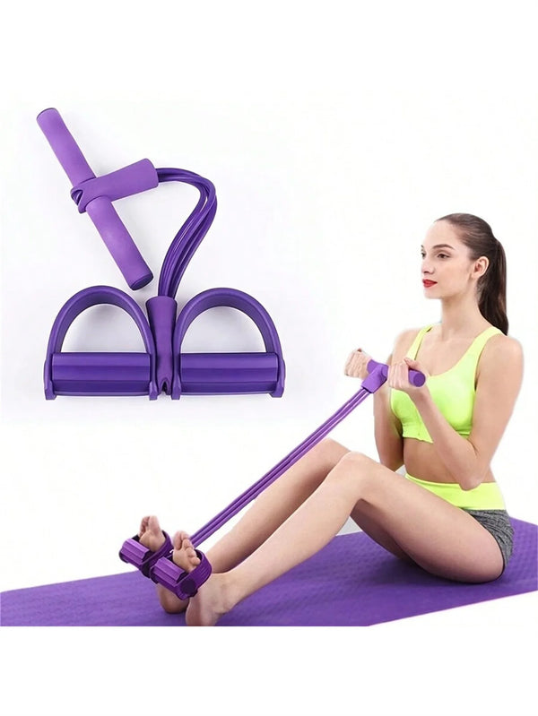 A woman is demonstrating a purple adjustable resistance band with foot pedals on a purple yoga mat.