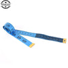 A blue soft flexible tape measure with markings for sewing and body measurements.