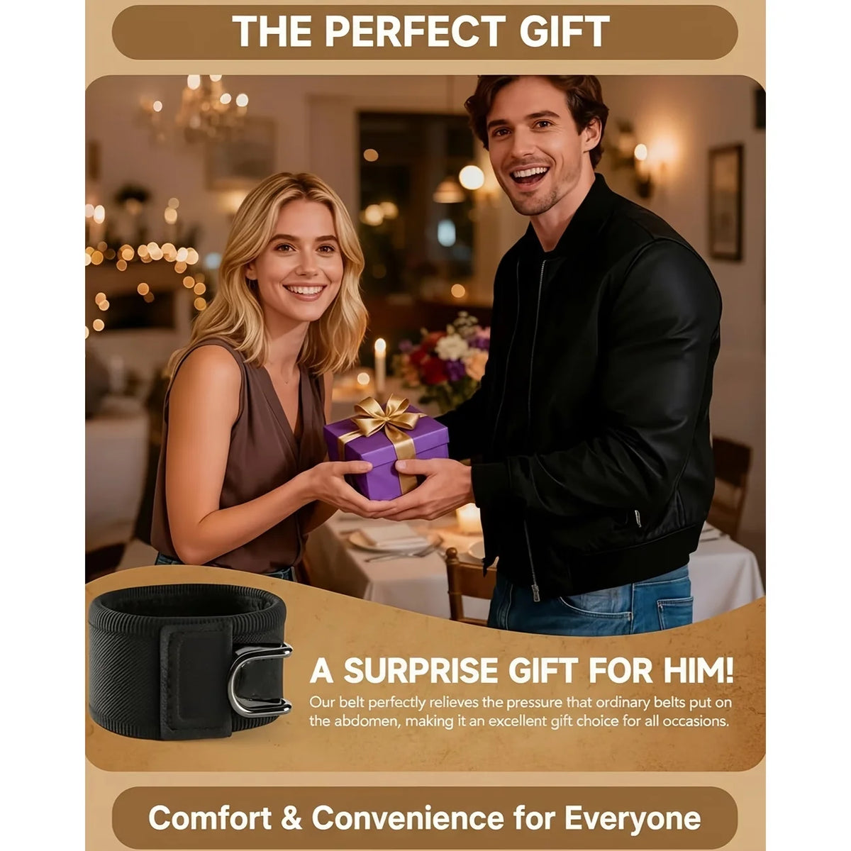 A man and woman smiling while a black elastic waist belt is shown as a gift.