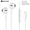 White in-ear wired earphones with a microphone shown from multiple angles