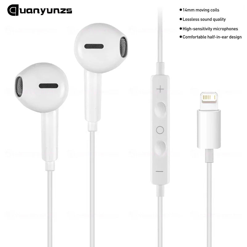 White in-ear wired earphones with a microphone shown from multiple angles
