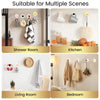 Colorful suction cup hooks for keys and towels shown in various scenes like a shower room, kitchen, living room, and bedroom.