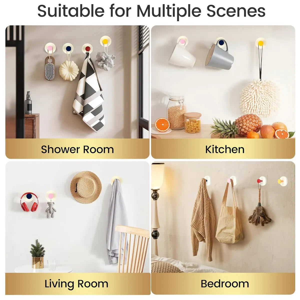 Colorful suction cup hooks for keys and towels shown in various scenes like a shower room, kitchen, living room, and bedroom.
