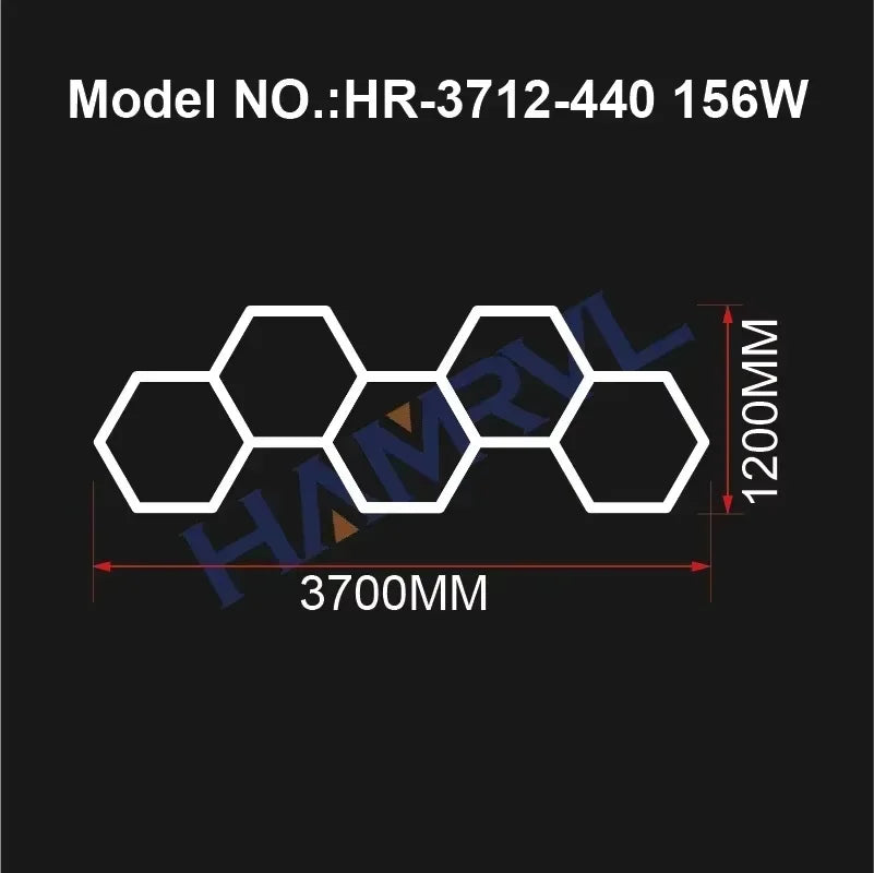 Diagramme montrant les dimensions d'un panneau de lumière LED hexagonal : 3700mm de long et 1200mm de haut.