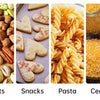 A collage showing various dry foods including nuts, snacks, pasta, and cereals.