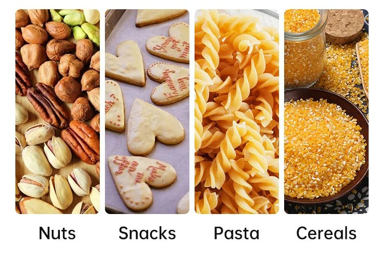 A collage showing various dry foods including nuts, snacks, pasta, and cereals.
