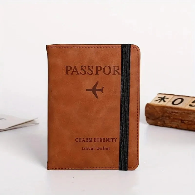 A brown leather passport cover and travel wallet with black stitching and a black magnetic closure.