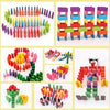 A collection of multicolor wooden domino building blocks in various shapes and colors arranged for play.