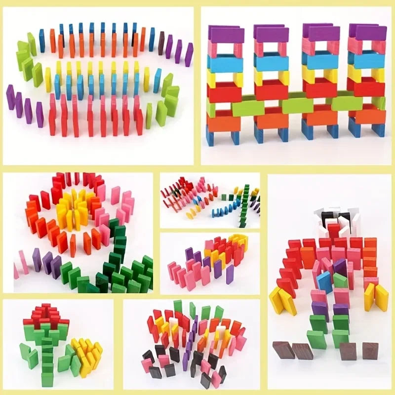 A collection of multicolor wooden domino building blocks in various shapes and colors arranged for play.