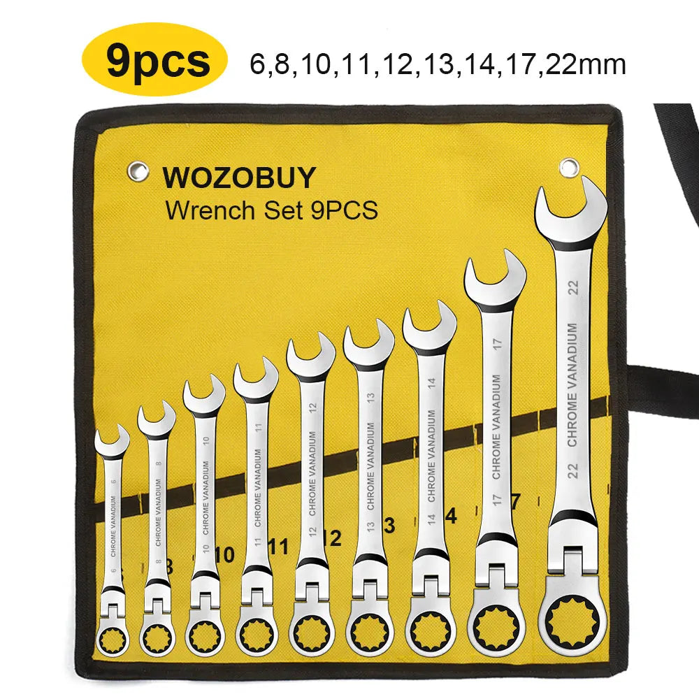 Metric Ratcheting Wrench Set with Flex-Head and Carry Bag