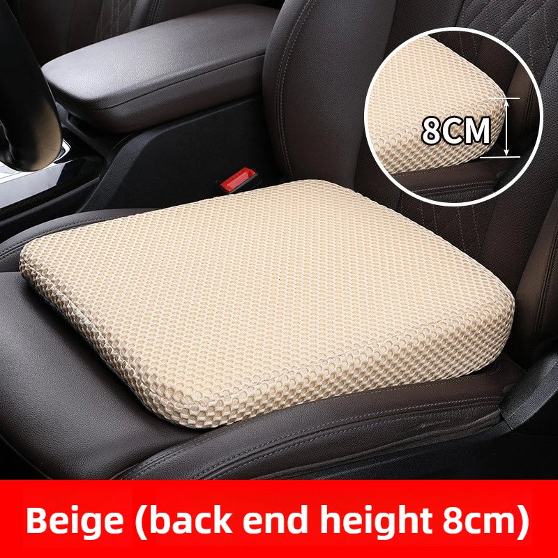 Beige car seat cushion with 8cm back end height shown in a black car interior.