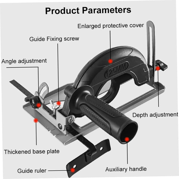A black adjustable angle grinder cutting stand showing various features like guide fixing screw, angle adjustment, and depth 