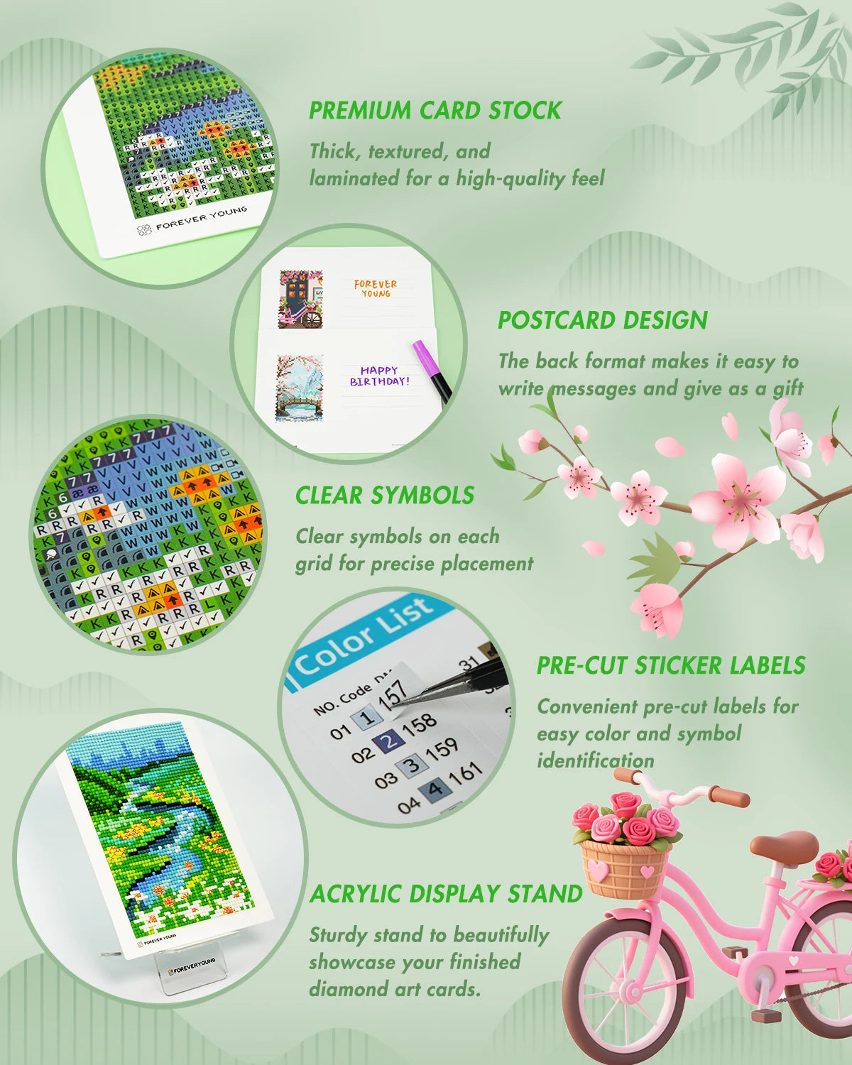 A set of diamond art cards, including premium card stock, clear symbols, and pre-cut sticker labels, displayed next to a pink