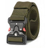 A close-up of a dark olive green tactical nylon belt with a secure metal buckle.