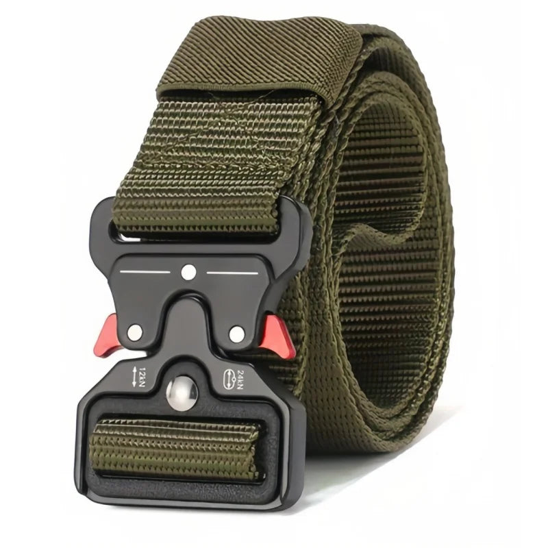 A close-up of a dark olive green tactical nylon belt with a secure metal buckle.