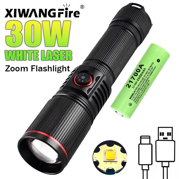 30W LED Zoom Flashlight with USB Rechargeable Battery