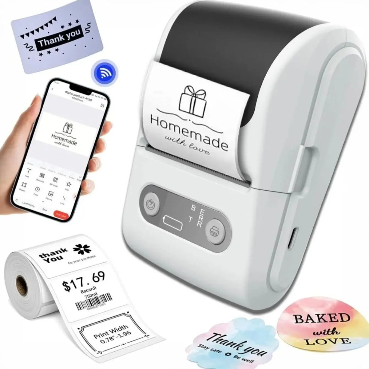 A white portable mini thermal printer is shown with a roll of tape and a thank you label.