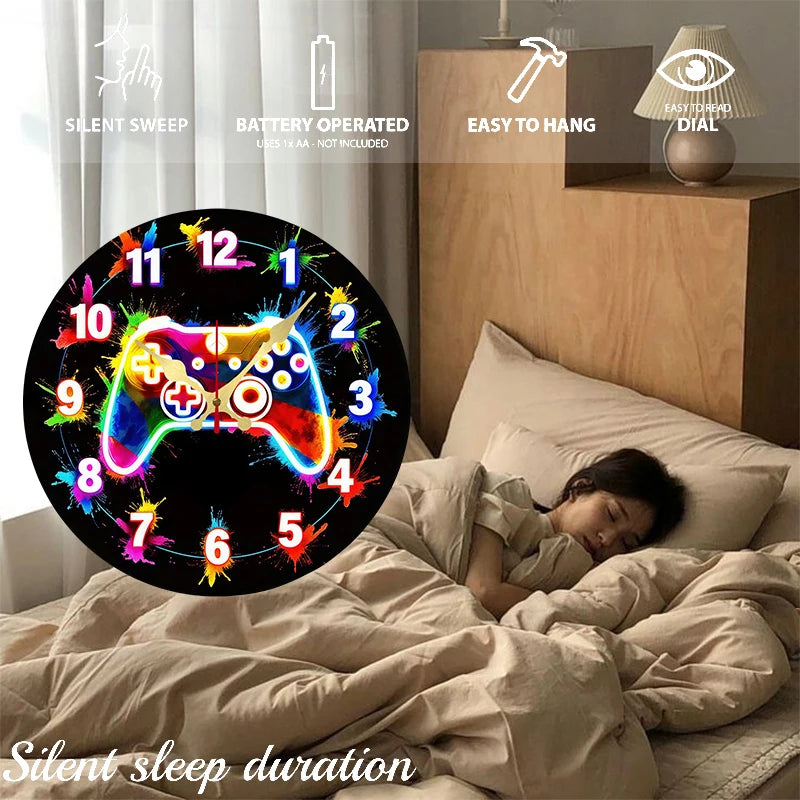 Wooden gaming controller wall clock with a black face and colorful graphics displayed on a wooden cabinet.