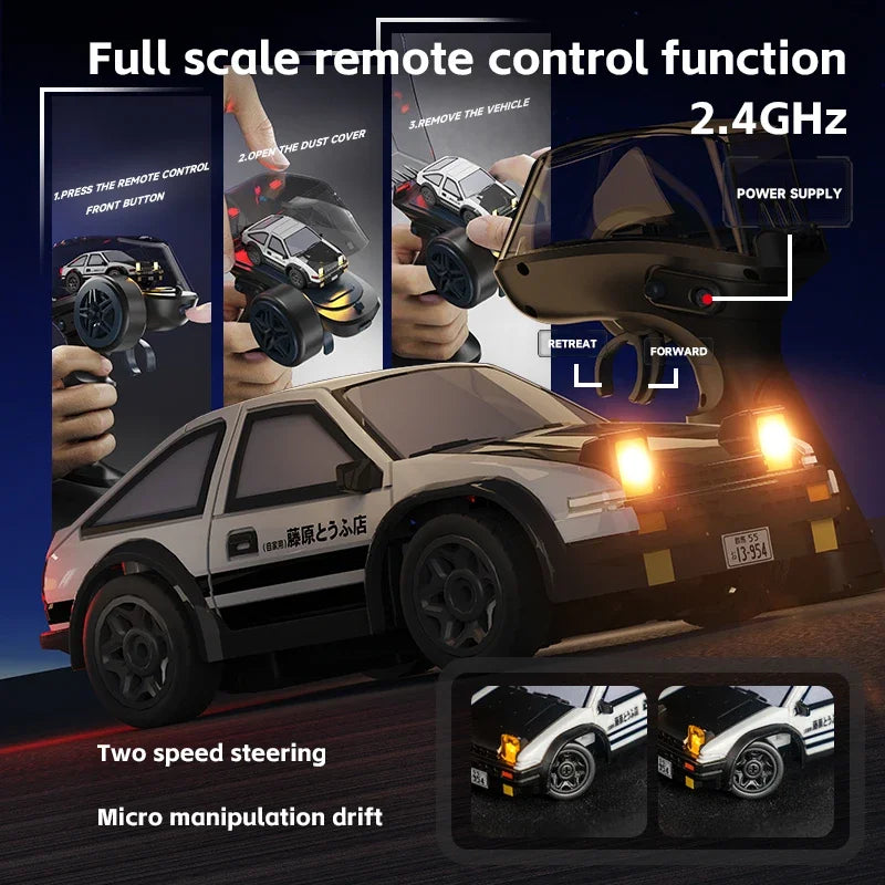 A remote control car with a full scale remote control function is shown alongside instructions for operation.