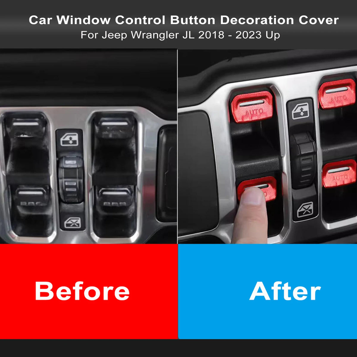 Before and after comparison of car window control button decoration covers for Jeep Wrangler JL 2018-2023