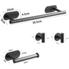 A set of five stainless steel bathroom accessories with adhesive mounting shown in various lengths and mounting styles.