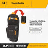 A black Toughbuilt tool belt with an adjustable ring and multiple pockets shown against a white background.