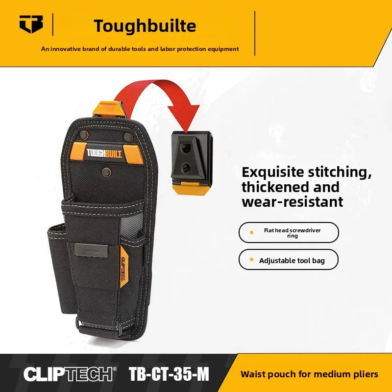 A black Toughbuilt tool belt with an adjustable ring and multiple pockets shown against a white background.