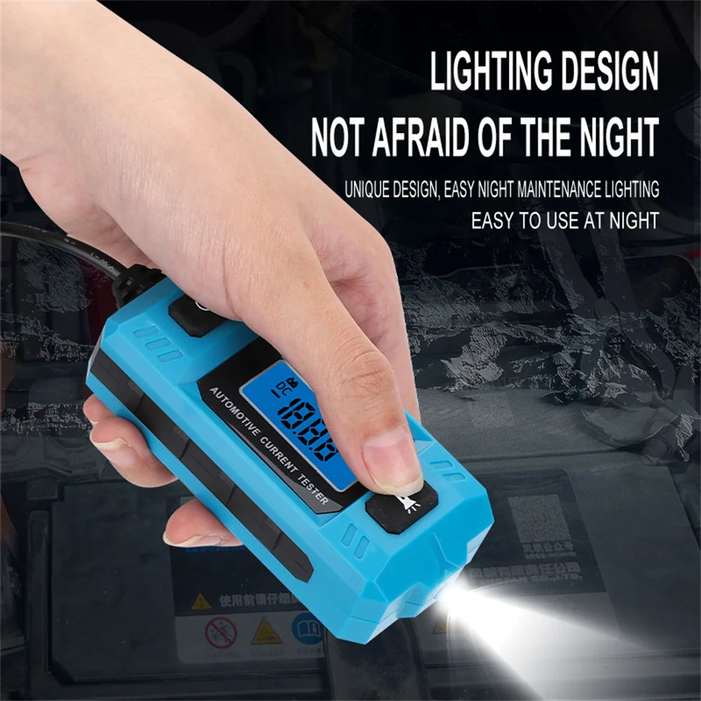 A hand holds a blue automotive current tester with an LCD display, shining a bright light.