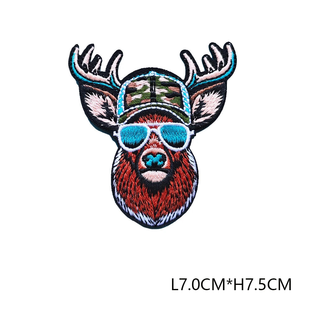 3D embroidered hunting patch featuring a fox head with antlers and blue sunglasses
