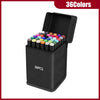 A black storage case with an open lid displaying 36 alcohol art markers in various colors.