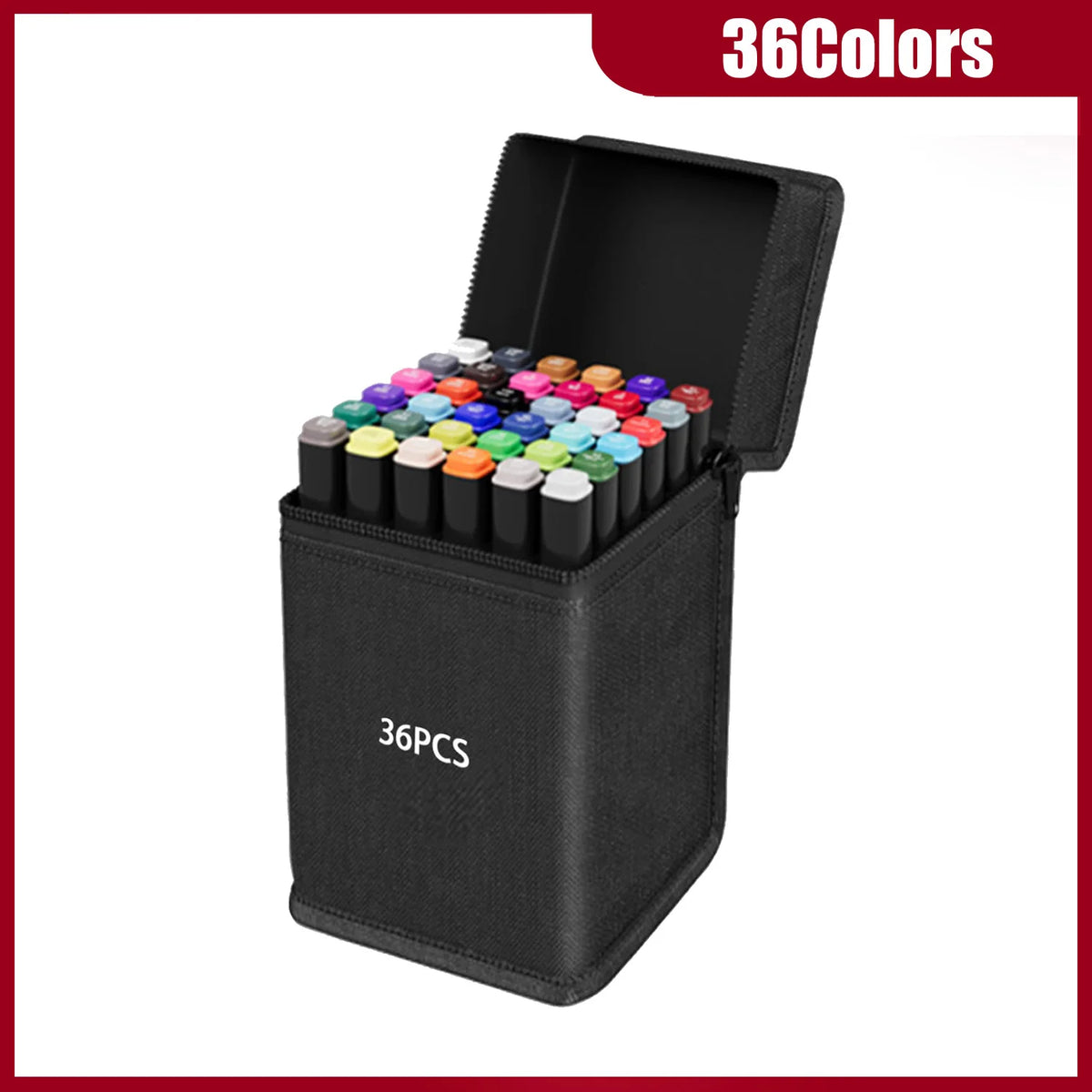 A black storage case with an open lid displaying 36 alcohol art markers in various colors.