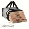 Insulated cooler bag with straps holding five 12-inch pizza boxes and three 14-inch pizza boxes.