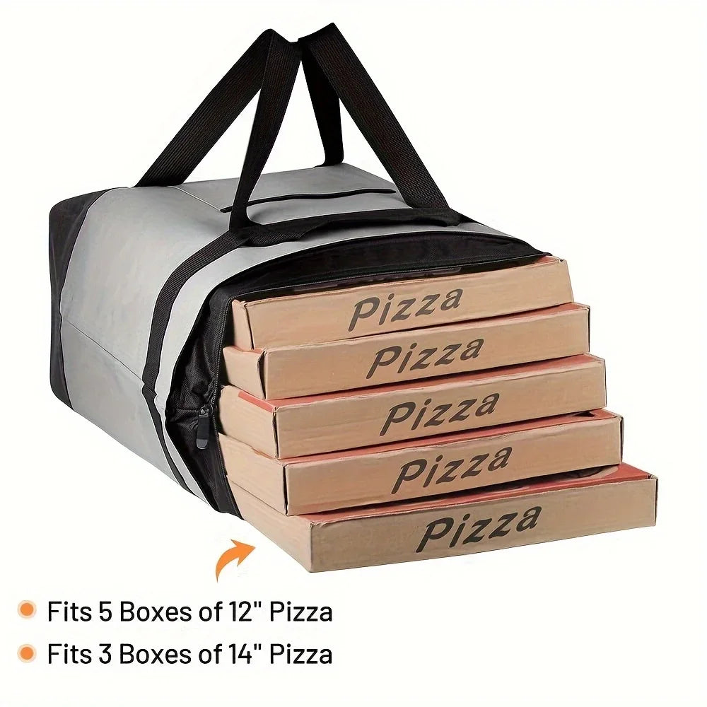Insulated cooler bag with straps holding five 12-inch pizza boxes and three 14-inch pizza boxes.