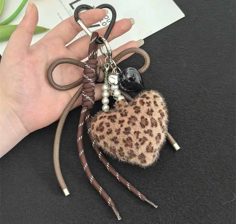 Leopard Print Plush Keychain with Woven Rope