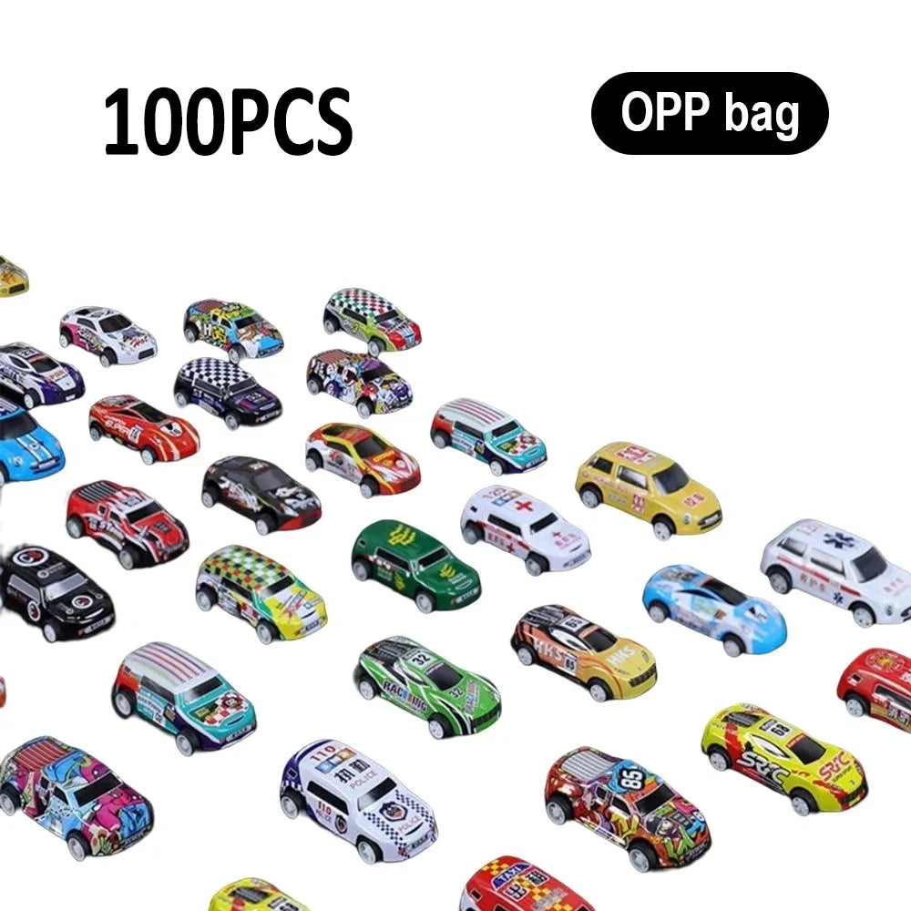 A collection of 100 diecast pull-back cars in various colors and models packaged in an OPP bag.