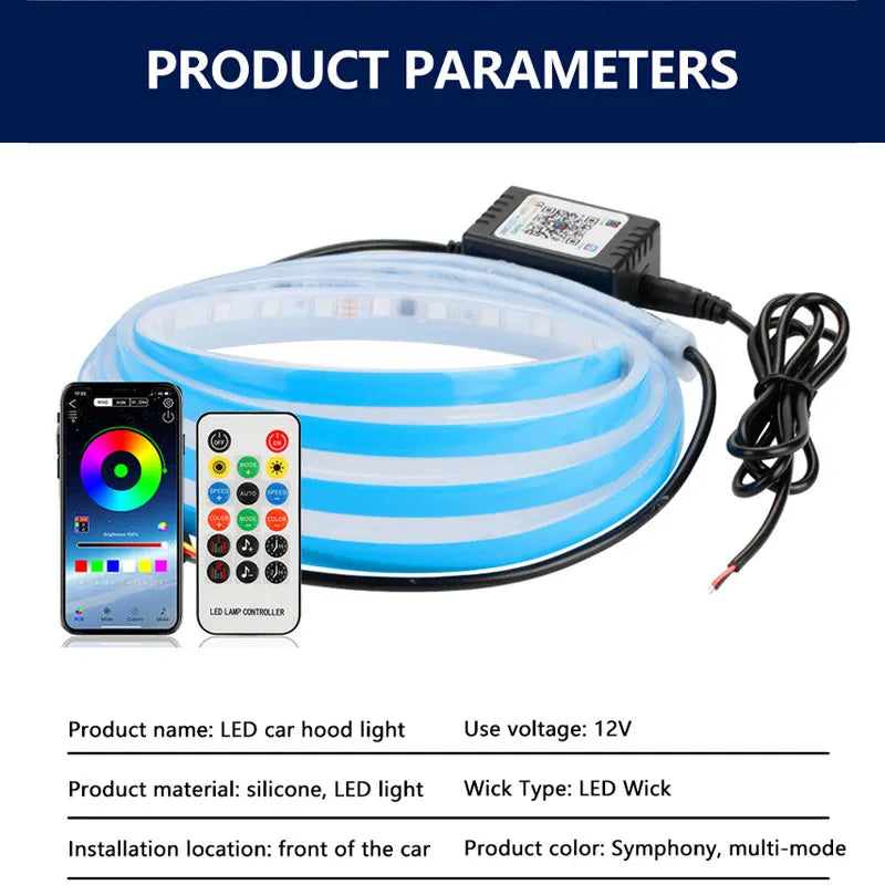 An RGB LED car hood light strip with a controller and wire is shown for installation.