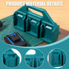 A teal portable battery organizer for Makita power tools shown with detailed close-ups of its construction.