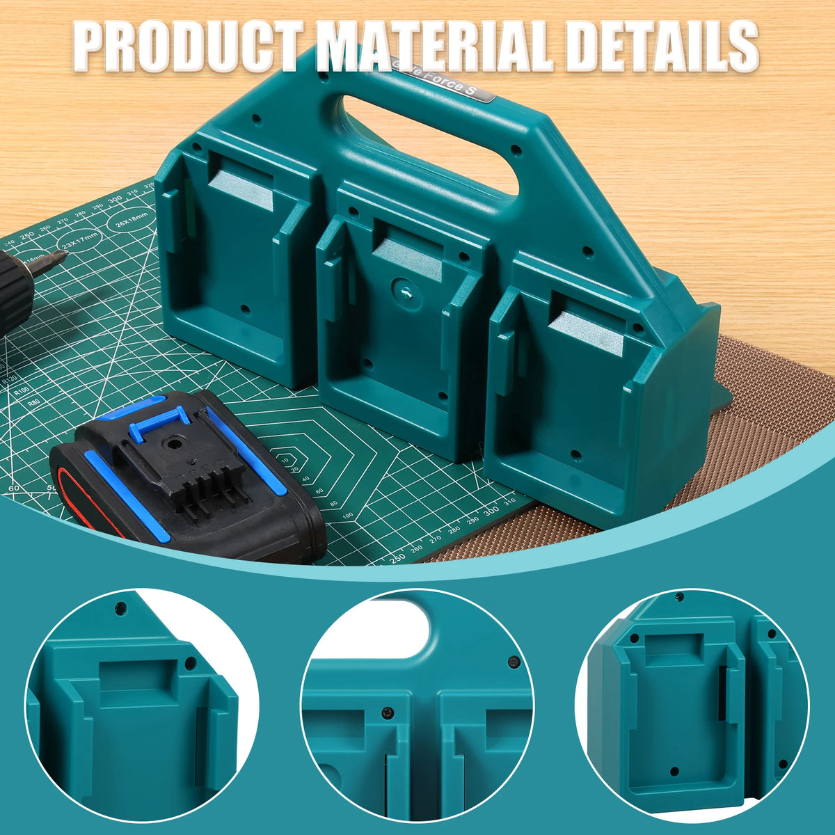 A teal portable battery organizer for Makita power tools shown with detailed close-ups of its construction.