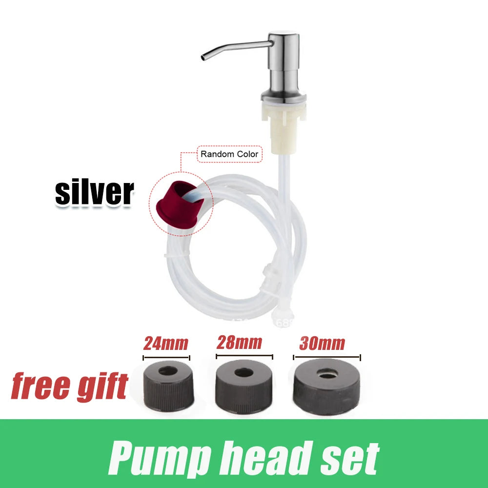 A silver pump head set for an under-sink soap dispenser, showing the pump mechanism and various sized rubber parts.