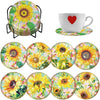 A set of sparkling diamond painting coasters featuring colorful sunflower designs and a holder.